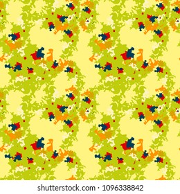 Abstract background in red, orange, yellow, green, blue colors as UFO camouflage. Seamless repeat bright pattern usable as unusual urban camo, wallpaper, backdrop or for print for textile