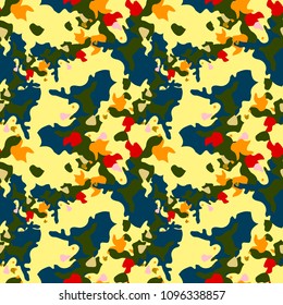 Abstract background in red, orange, yellow, green, blue colors as UFO camouflage. Seamless repeat bright pattern usable as unusual urban camo, wallpaper, backdrop or for print for textile