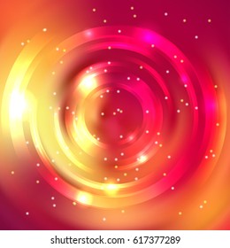 Abstract background with red, orange, yellow luminous swirling backdrop. Vector infinite round tunnel of shining flares.  