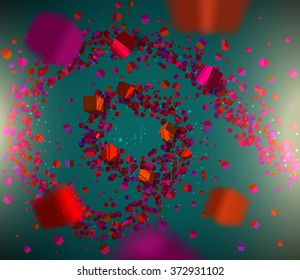 Abstract background with red, pink cubes on green backdrop, vector illustration