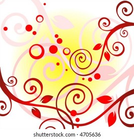 Abstract background from red and pink curls on a yellow-white background.