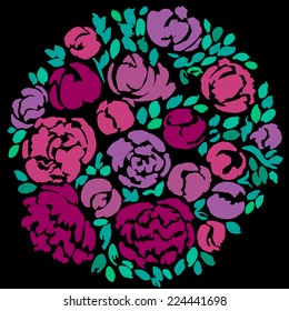 Abstract background with red and pink flowers. Vector illustration. Watercolor bouquet with peonies in vector.