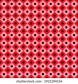Abstrakte Hintergrund, rote und rosafarbene Quadrate mit schwarzen Punkten, Design-Textur, nahtlose Muster, Vektorgrafik