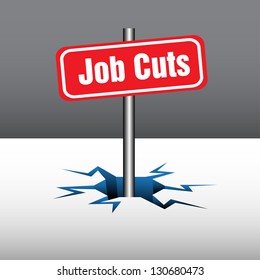 Abstract background with red plate with the text job cuts coming out from an ice crack. Layoffs theme