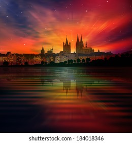 abstract background with red sunset and silhouette of Koln