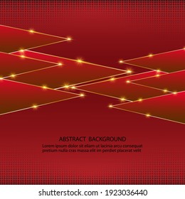 Abstract background with  red triangles and gold border, glowing glare. Brochure template, poster for presentation