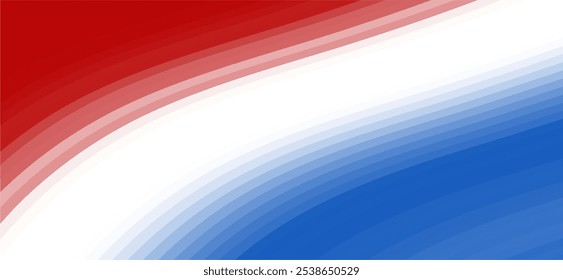Abstract background with red, white, and blue curved stripes.