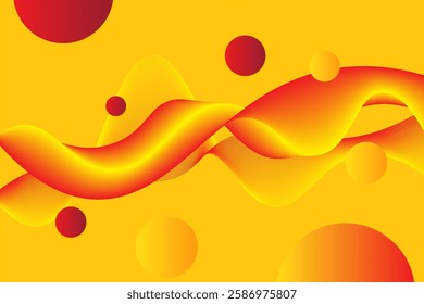 Abstract background with red and yellow gradient waves and floating balls on a bright yellow background, creating a dynamic and futuristic effect.