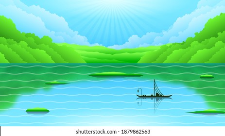 Resumen Reflejo De Fondo Con Montañas De Agua Nubes De Buques Diseño De Vectores Sky Sun Estilo Paisaje Natural
