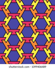 Abstract background. Repeated hexagon tiles mosaic consisting of an anvils. Seamless honeycomb pattern. Digital paper, textile print, page fill. Vector art. Blue, yellow, red colors.