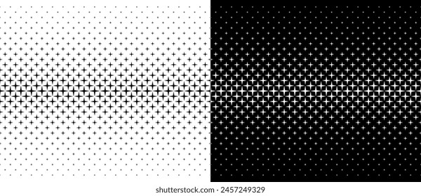 Fondo Abstractas con estrellas repetidas en diseño de semitonos. Forma negra sobre fondo blanco y la misma forma blanca en el lado negro.