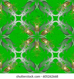 Abstract background with repeating elements. Green and golden pattern. Elegant vector classic pattern.