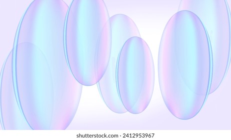 Abstract background with repeating transparent glass oval or circle shapes of pastel blue, purple and pink color gradient. Realistic 3D futuristic design. Light vector banner template with copy space