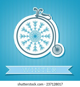 Abstract background with retro bicycle, snowflake and banner with text. Winter theme. Striped background. Vector file is EPS8.