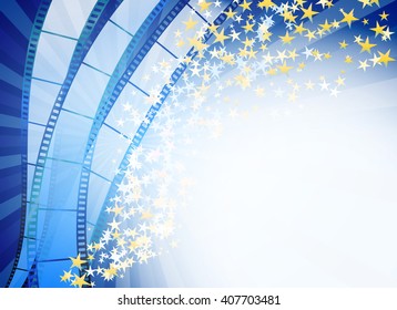  abstract background with retro blue film strip and golden stars