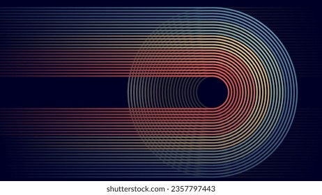 Fondo abstracto con rayas de curva retro y líneas sobre fondo azul oscuro.