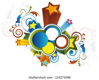 Abstract background with retro grunge stars and floral elements with swirls