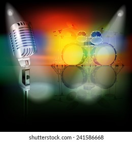 abstract background with retro microphone and drum kit on music stage