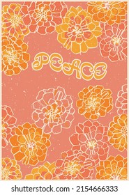 Abstract background in retro style with flowers and the inscription peace. Vintage retro style. Psychedelic wallpaper. Colorful vector art design. 60s, 70s, hippies. Set of postcard, poster design.