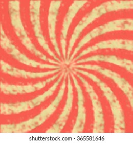 Abstract background in retro style. Swirling halftone rays with grunge effect