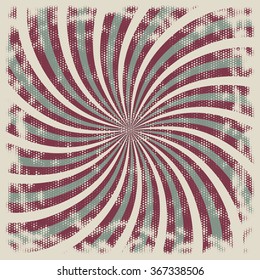 Abstract background in retro style. Swirling rays halftone texture with grunge effect