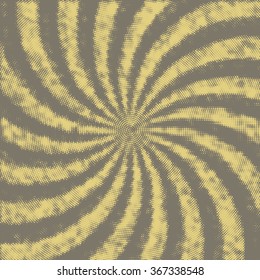 Abstract background in retro style. Swirling halftone rays with grunge effect