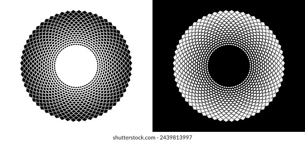 Abstract background with rhombuses in circle. Art design circle as logo or icon. A black figure on a white background and an equally white figure on the black side.