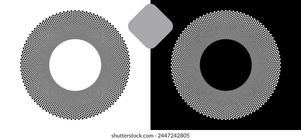 Fondo Abstractas con rombos en círculo. Círculo de diseño de arte como logotipo o icono. Una figura negra sobre fondo blanco y una figura igualmente blanca en el lado negro.