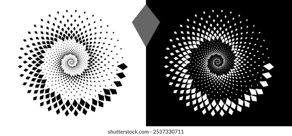 Abstract background with rhombuses in circle. Art design spiral as logo or icon. A black figure on a white background and an equally white figure on the black side.