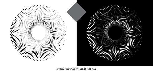 Abstract background with rhombuses in circle. Art design spiral as logo or icon. A black figure on a white background and an equally white figure on the black side.