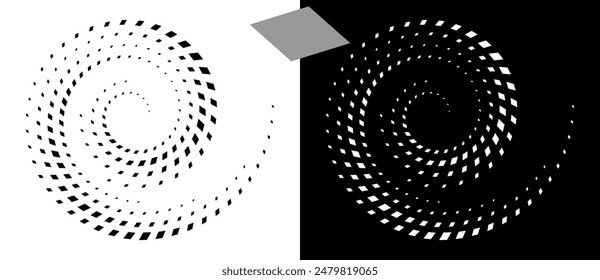 Abstract background with rhombuses in spiral. Art design spiral as logo or icon. A black figure on a white background and an equally white figure on the black side.