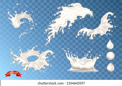 Abstract background ripple set of 3D vector milk splash, drops, blots and pouring. Realistic natural dairy products, yogurt or cream, isolated on blue. Package, web, print design template for promo.