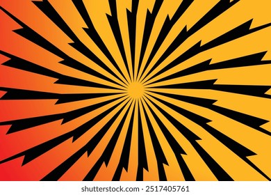 Abstract background with rippled sunburst design in orange and yellow. It has a brightly glowing center, a wavy radial stripe pattern