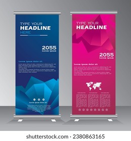 abstract background roll up banner desing, roll up banner template with abstract background, blue and pink color,