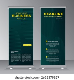 abstract background roll up banner desing, roll up banner template with abstract background, dark blue and yellow color,