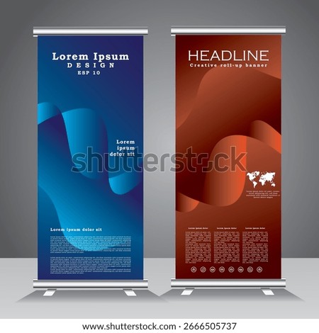 abstract background roll up banner desing, roll up banner template with abstract background, blue and brown colour roll up banner template,