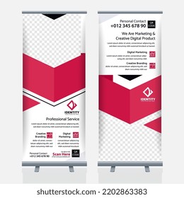 abstract background roll up banner template design red shape visual for corporate media promotion with image vector