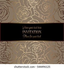 Abstract Background With Roses, Luxury Beige And Gold Vintage Frame, Victorian Banner, Damask Floral Wallpaper Ornaments, Invitation Card, Baroque Style Booklet, Fashion Pattern, Template For Design.