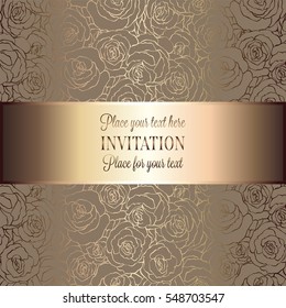 Abstract Background With Roses, Luxury Beige And Gold Vintage Tracery Made Of Roses, Damask Floral Wallpaper Ornaments, Invitation Card, Baroque Style Booklet, Fashion Pattern, Template For Design.