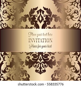 Abstract background with roses, luxury beige and gold vintage frame, victorian banner, damask floral wallpaper ornaments, invitation card, baroque style booklet, fashion pattern, template for design.