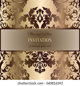 Abstract background with roses, luxury beige and gold vintage frame, victorian banner, damask floral wallpaper ornaments, invitation card, baroque style booklet, fashion pattern, template for design.
