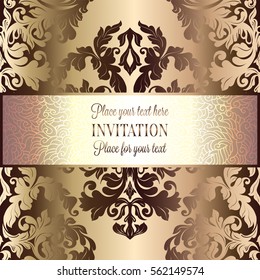 Abstract background with roses, luxury beige and gold vintage frame, victorian banner, damask floral wallpaper ornaments, invitation card, baroque style booklet, fashion pattern, template for design.