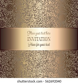 Abstract background with roses, luxury beige and gold vintage frame, victorian banner, damask floral wallpaper ornaments, invitation card, baroque style booklet, fashion pattern, template for design.