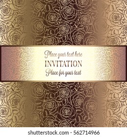 Abstract background with roses, luxury beige and gold vintage tracery made of roses, damask floral wallpaper ornaments, invitation card, baroque style booklet, fashion pattern, template for design.
