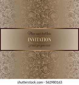 Abstract background with roses, luxury beige and gold vintage frame, victorian banner, damask floral wallpaper ornaments, invitation card, baroque style booklet, fashion pattern, template for design.
