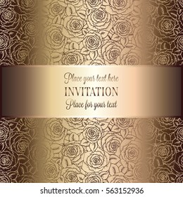 Abstract background with roses, luxury beige and gold vintage tracery made of roses, damask floral wallpaper ornaments, invitation card, baroque style booklet, fashion pattern, template for design.