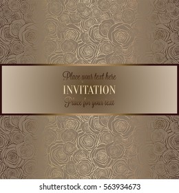 Abstract background with roses, luxury beige and gold vintage frame, victorian banner, damask floral wallpaper ornaments, invitation card, baroque style booklet, fashion pattern, template for design.