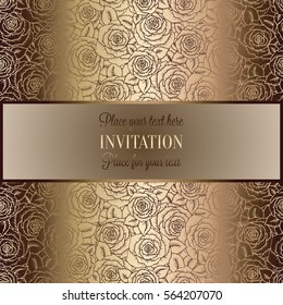 Abstract background with roses, luxury beige and gold vintage tracery made of roses, damask floral wallpaper ornaments, invitation card, baroque style booklet, fashion pattern, template for design.