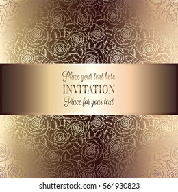 Abstract background with roses, luxury beige and gold vintage tracery made of roses, damask floral wallpaper ornaments, invitation card, baroque style booklet, fashion pattern, template for design.
