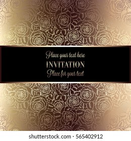 Abstract background with roses, luxury beige and gold vintage tracery made of roses, damask floral wallpaper ornaments, invitation card, baroque style booklet, fashion pattern, template for design.